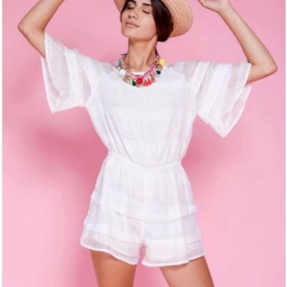 JOA White Eyelash Lace Woven Boho Romper Linen L